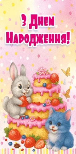 Дитячий конверт для грошей «З днем народження!» з зайчиком і котиком